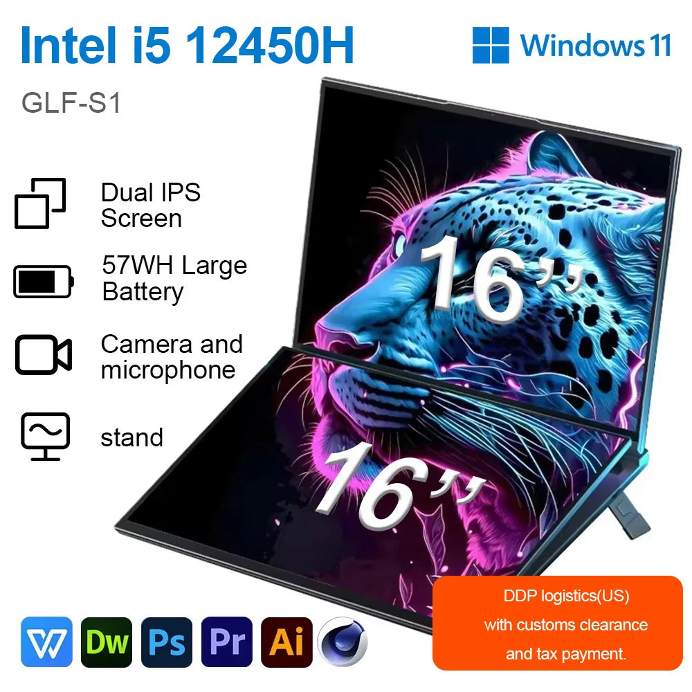 GLF-S1 laptop 16+16 inch Big Dual Screen Intel i5-12450H laptop computers camera Windows 11 DDR4 M.2 2280 2TB WIFI dual notebook