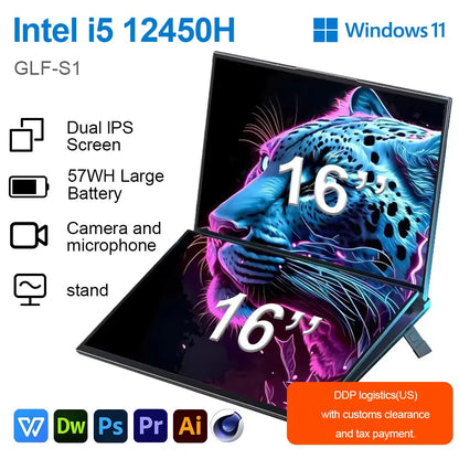GLF-S1 laptop 16+16 inch Big Dual Screen Intel i5-12450H laptop computers camera Windows 11 DDR4 M.2 2280 2TB WIFI dual notebook