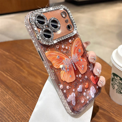 Original Orange Butterfly Glitter Clear Phone Case for iPhone 17 16 15 14 13 Pro Max Rhinestones Diamond Lens Film Frame Cover