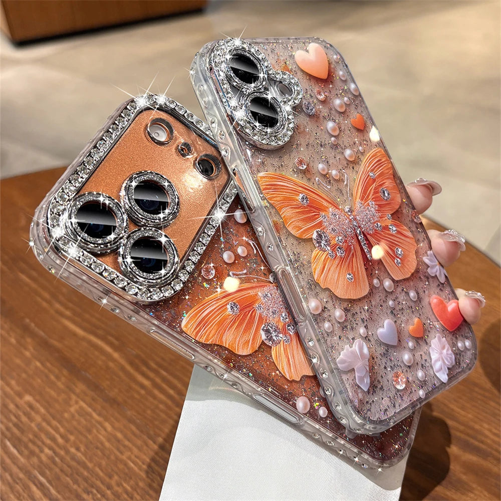 Original Orange Butterfly Glitter Clear Phone Case for iPhone 17 16 15 14 13 Pro Max Rhinestones Diamond Lens Film Frame Cover