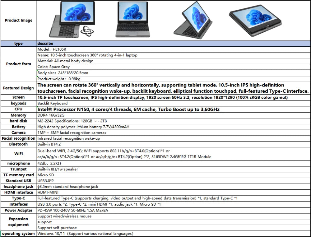 12th Gen Intel Alder Lake N150 Mini Gaming Laptop 10.5inch Touch Screen 16G/32G 512GB 1TB Windows 11 Notebook Tablet PC 2 in 1