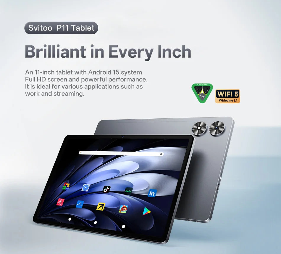 SVITOO Tablet Android 15 2025 11 Inch Unisoc T606 16GB RAM 128GB ROM 8000mAh Battery WiFi 5 BT 5.0 GPS With Case Keyboard Mouse