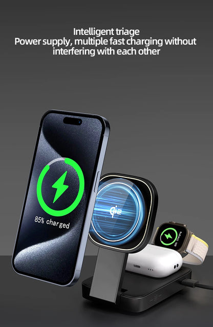 3in1 Magnetic Wireless Charger QI2 Magsafe Folding Wireless Charging Station for iphone 16 pro iWatch AirPods Wireless Charger