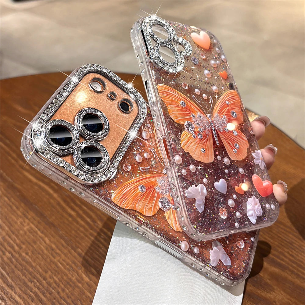 Original Orange Butterfly Glitter Clear Phone Case for iPhone 17 16 15 14 13 Pro Max Rhinestones Diamond Lens Film Frame Cover