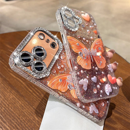 Original Orange Butterfly Glitter Clear Phone Case for iPhone 17 16 15 14 13 Pro Max Rhinestones Diamond Lens Film Frame Cover
