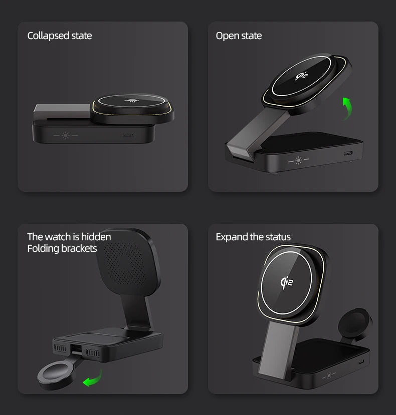 3in1 Magnetic Wireless Charger QI2 Magsafe Folding Wireless Charging Station for iphone 16 pro iWatch AirPods Wireless Charger