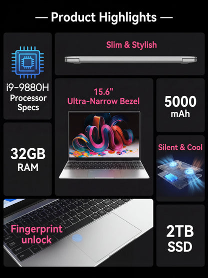 2026 New Core i9 9880H Windows 11 Pro Laptop 32GB RAM 2TB SSD for Gaming Office Studio High-Speed Notebook 5000mAh