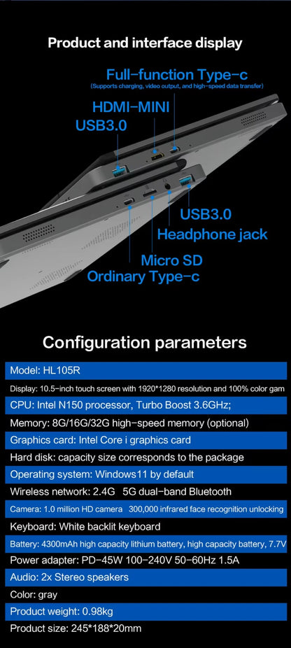 12th Gen Intel Alder Lake N150 Mini Gaming Laptop 10.5inch Touch Screen 16G/32G 512GB 1TB Windows 11 Notebook Tablet PC 2 in 1