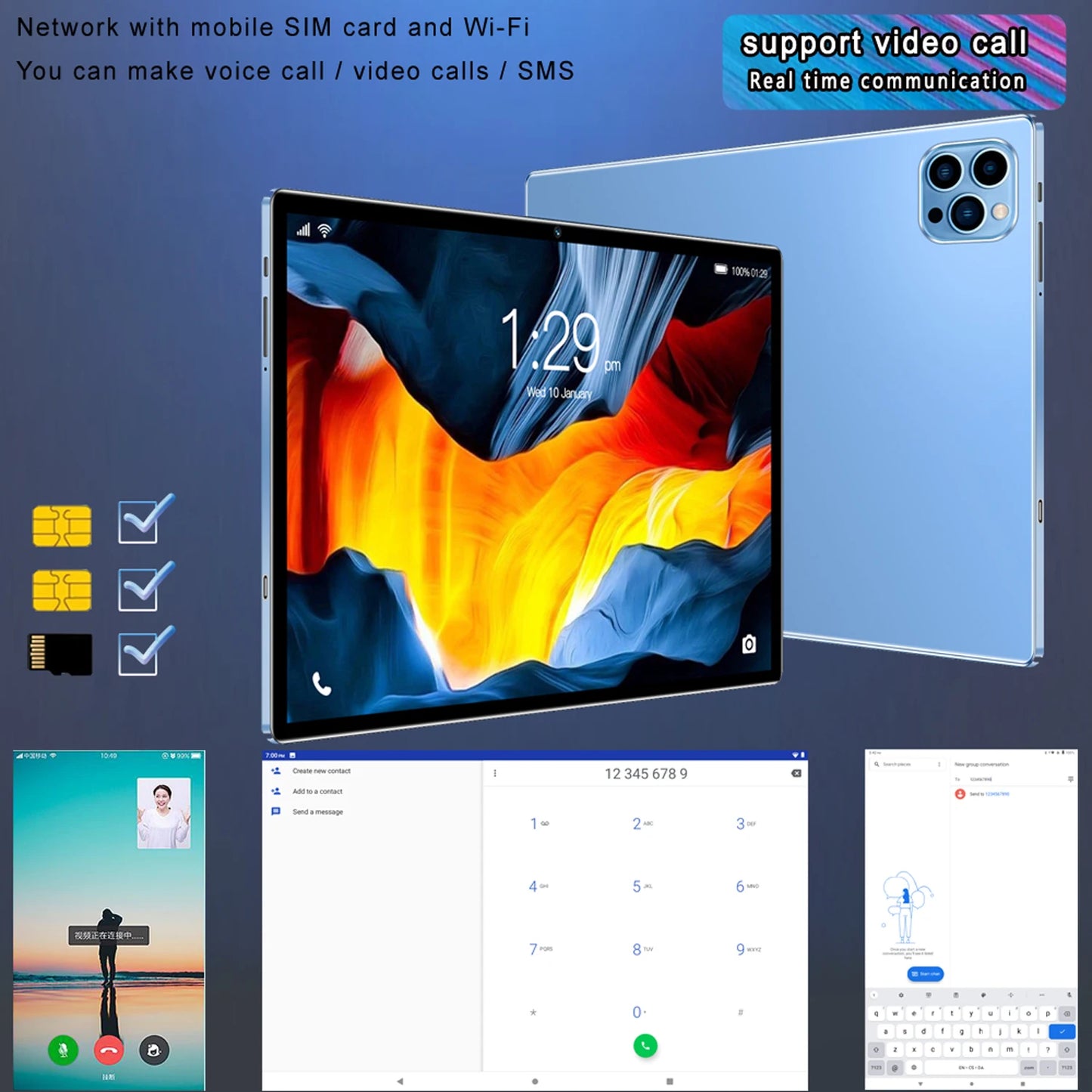 New 10.1 Inch Tablet Android 13, 4GB RAM 64GB ROM, 1TB Expand, Dual SIM, Dual Cameras, 6000MAH Battery, Children's Gift Tablets