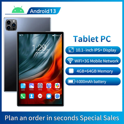 New 10.1 Inch Tablet Android 13, 4GB RAM 64GB ROM, 1TB Expand, Dual SIM, Dual Cameras, 6000MAH Battery, Children's Gift Tablets