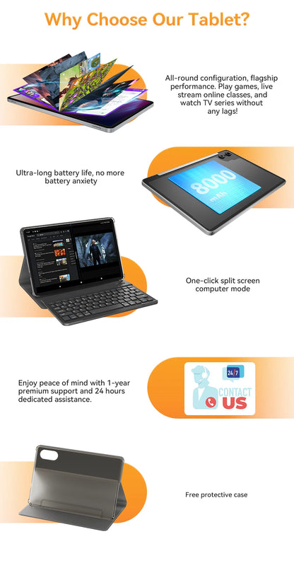 SVITOO Tablet Android 15 2025 11 Inch Unisoc T606 16GB RAM 128GB ROM 8000mAh Battery WiFi 5 BT 5.0 GPS With Case Keyboard Mouse