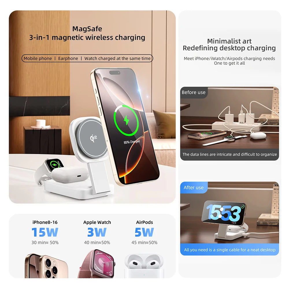 3in1 Magnetic Wireless Charger QI2 Magsafe Folding Wireless Charging Station for iphone 16 pro iWatch AirPods Wireless Charger