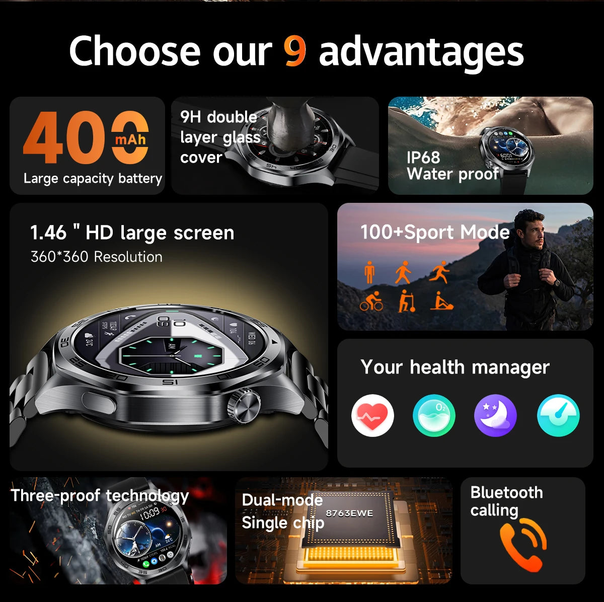 2026 new smartwatch with 1.46-inch IPS display, Ipx8 water resistance rating. 400 mAh battery featuring over 100 activity modes,