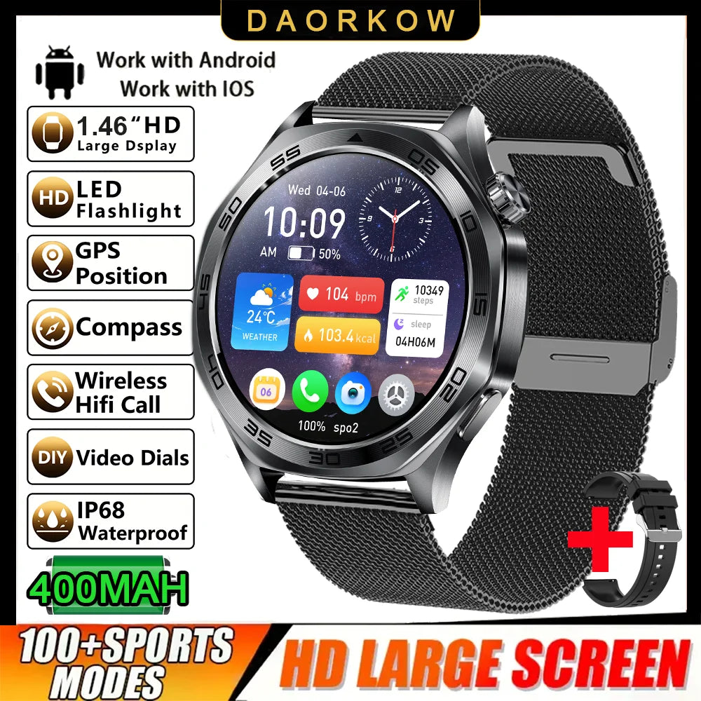 2026 new smartwatch with 1.46-inch IPS display, Ipx8 water resistance rating. 400 mAh battery featuring over 100 activity modes,