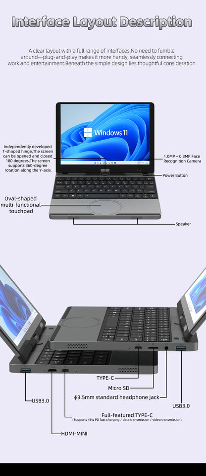 10.5Inch Touch Screen Laptop Intel N95 16GB DDR4 1TB SSD Portable Mini Office Notebook PC Full-function Type-C Port