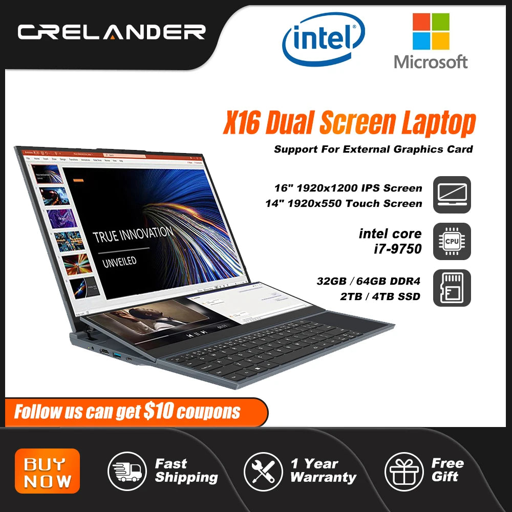 CRELANDER X16 Double Screen Laptops 16 Inch + 14 Inch Touch Screen intel core  i7-9750 Windows 11 Portable PC Notebook Computer