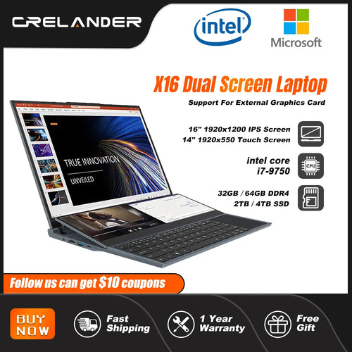 CRELANDER X16 Double Screen Laptops 16 Inch + 14 Inch Touch Screen intel core  i7-9750 Windows 11 Portable PC Notebook Computer