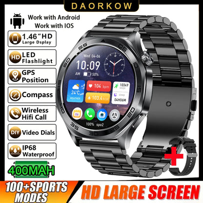 2026 new smartwatch with 1.46-inch IPS display, Ipx8 water resistance rating. 400 mAh battery featuring over 100 activity modes,