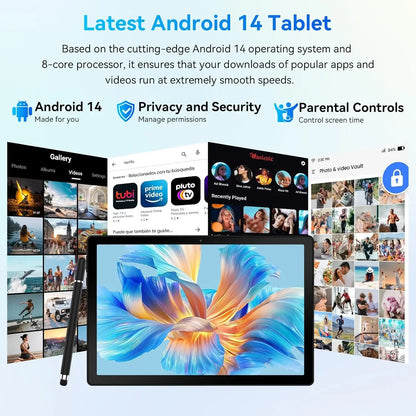 10Inch Tablet Android14 12GB RAM 64GB ROM Octa Core WiFi Dual Camera with Stylus Keyboard Mouse Headphones Case Computer PAD Set