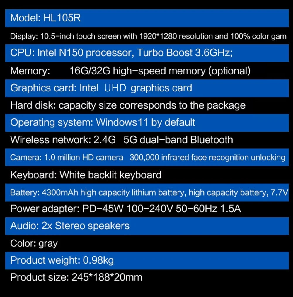 12th Gen Intel Alder Lake N150 Mini Gaming Laptop 10.5inch Touch Screen 16G/32G 512GB 1TB Windows 11 Notebook Tablet PC 2 in 1