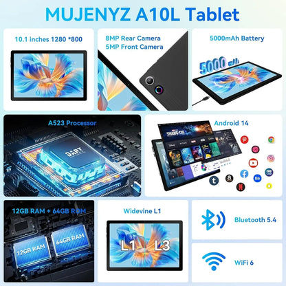 10Inch Tablet Android14 12GB RAM 64GB ROM Octa Core WiFi Dual Camera with Stylus Keyboard Mouse Headphones Case Computer PAD Set