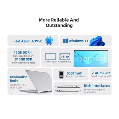 2026 14.1" Laptop Computer Intel Atom A3950 Windows 11 Pro Laptops Gaming 1920*1080 HD DDR4 16GB SSD 1TB Portable Notebook PC