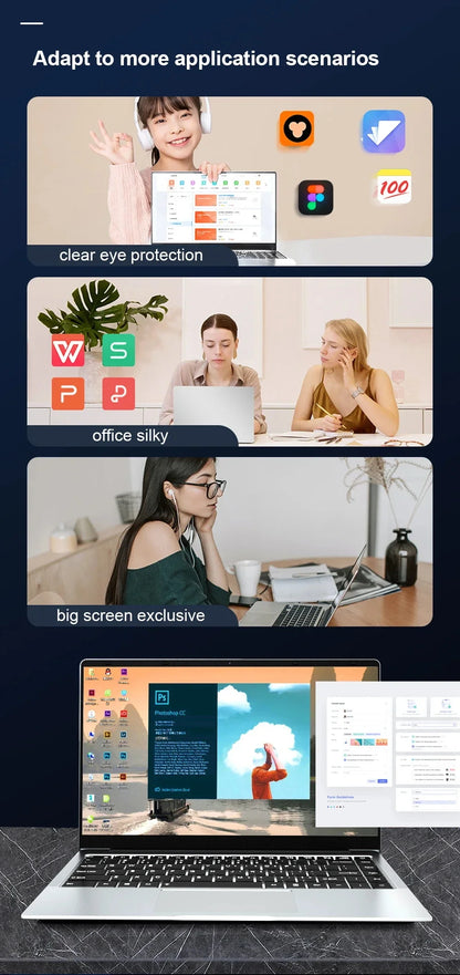 14.1" Laptop Computer Windows 11 Pro Intel Atom A3950 Notebook PC 12GB RAM 512GB 1TB M.2 SSD 1920*1080P Office Study Computer