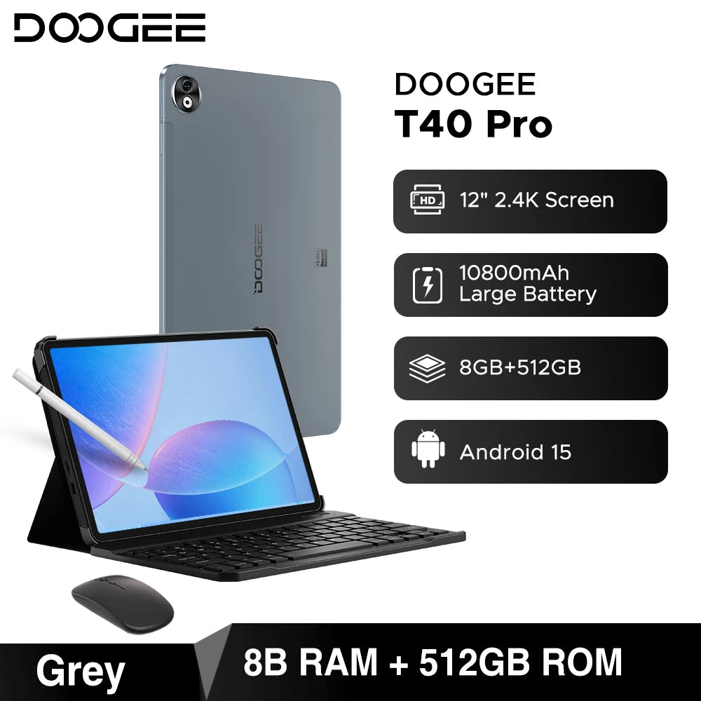 World Premiere DOOGEE T40 Pro Tablet 12" IPS 2.4K 20GB(8+12) 512GB Android 14 Helio G99 6nm 10800mAh 18W Charge 7.6mm ultra-thin
