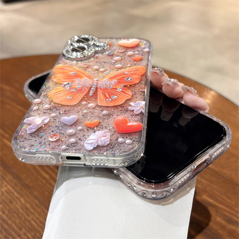 Original Orange Butterfly Glitter Clear Phone Case for iPhone 17 16 15 14 13 Pro Max Rhinestones Diamond Lens Film Frame Cover