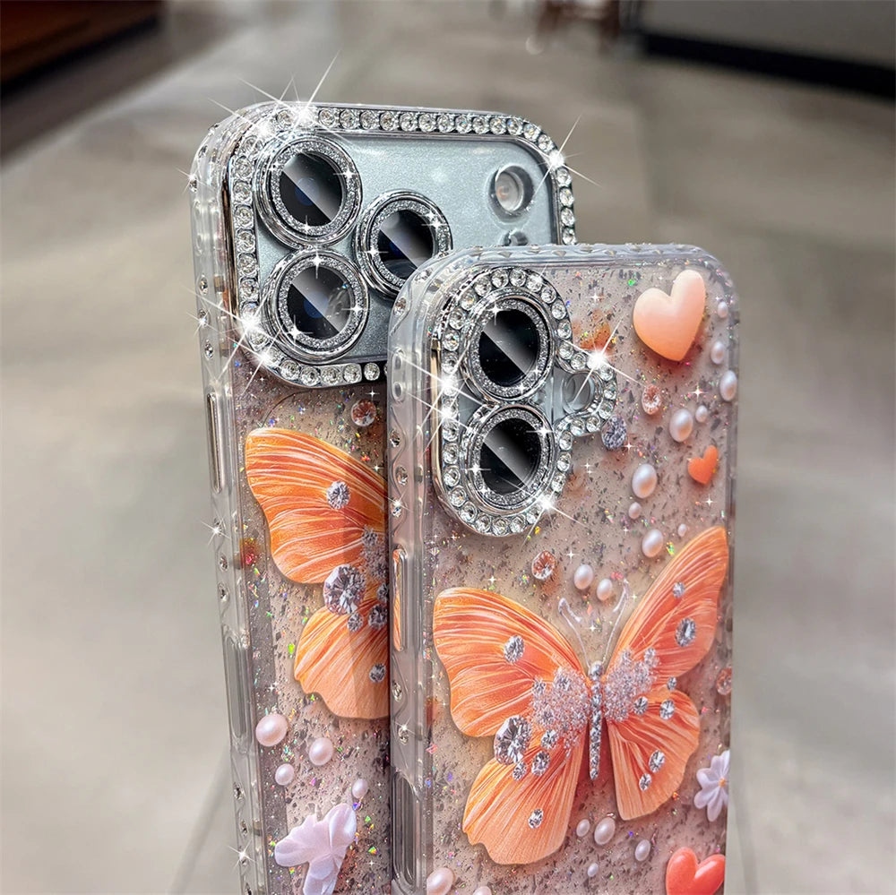 Original Orange Butterfly Glitter Clear Phone Case for iPhone 17 16 15 14 13 Pro Max Rhinestones Diamond Lens Film Frame Cover