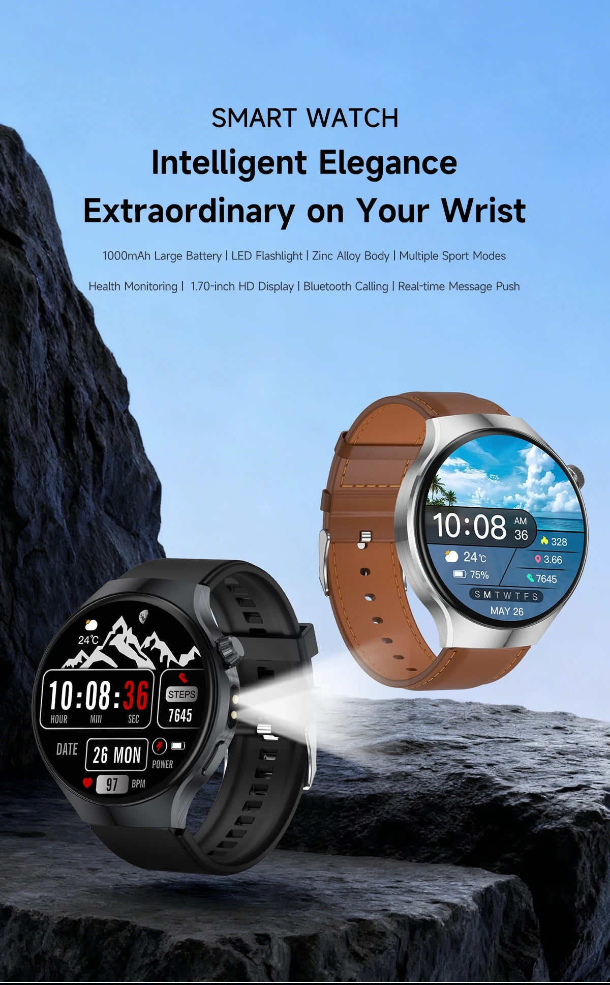 New smartwatch 2026-1.7-inch HD screen, 1000 mah battery, information alert function, multiple sports modes