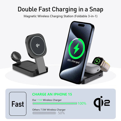 3in1 Magnetic Wireless Charger QI2 Magsafe Folding Wireless Charging Station for iphone 16 pro iWatch AirPods Wireless Charger