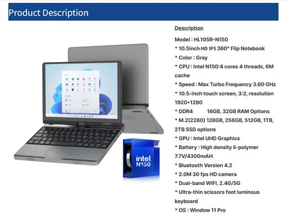 12th Gen Intel Alder Lake N150 Mini Gaming Laptop 10.5inch Touch Screen 16G/32G 512GB 1TB Windows 11 Notebook Tablet PC 2 in 1
