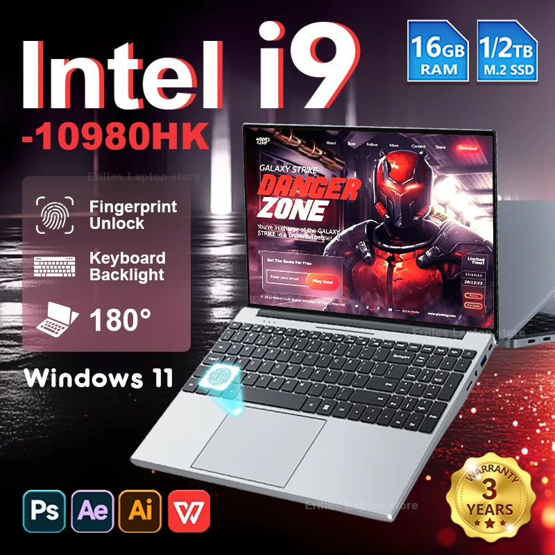 15.6''Intel Core i9 10980HK/i3 6100U Gaming laptop Windows 11 16GB RAM 1TB 2TB SSD Fingerprint Unlock Computer Backlight Office