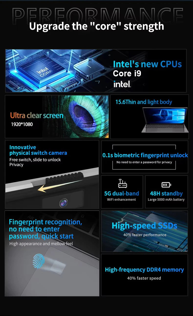 15.6" Laptop Intel Core i9 10980HK Windows 11 Gamer PC 16GB RAM 512GB 1TB 2TB SSD laptop Fingerprint Unlock Backlight Computer