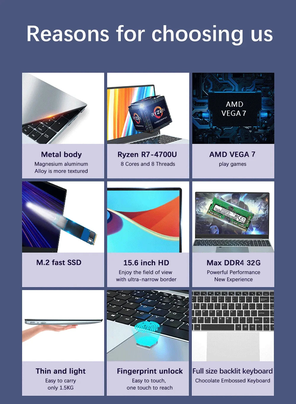 NEW Thin and light Laptop 15.6 inch AMD R7 4700U Backlit Keyboard Windows 11 32GB DDR4 2TB Fingerprint Gaming Laptop Computer