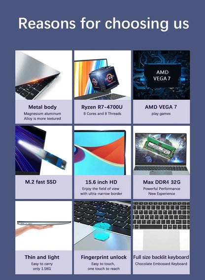 NEW Thin and light Laptop 15.6 inch AMD R7 4700U Backlit Keyboard Windows 11 32GB DDR4 2TB Fingerprint Gaming Laptop Computer