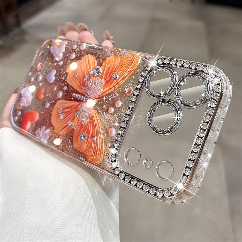 Original Orange Butterfly Glitter Clear Phone Case for iPhone 17 16 15 14 13 Pro Max Rhinestones Diamond Lens Film Frame Cover