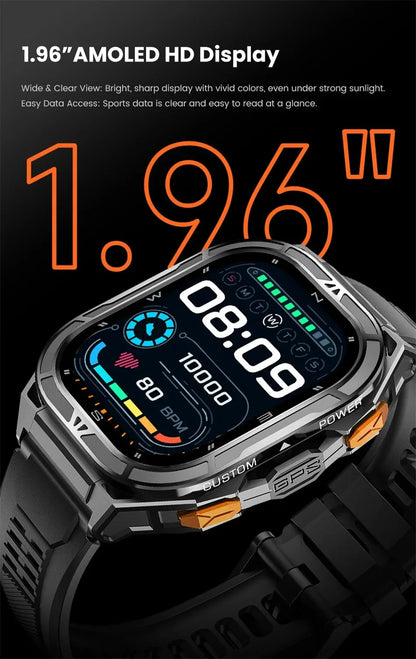 2025 New GPS Smart Watch Men 1.96-inch HD AMOLED Screen Compass Bluetooth Call 5ATM Waterproof Sport Smart Watch for Android iOS