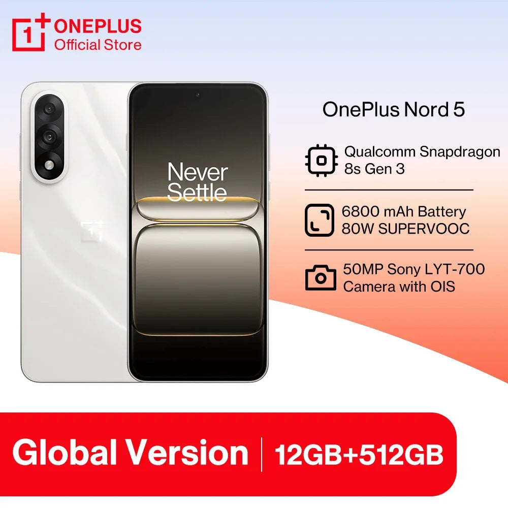 World Premiere OnePlus Nord 5 Global Version Smartphone 50MP LYT-700 Camera 1.5K AMOLED Display Snapdragon 8s Gen 3 OxygenOS 15