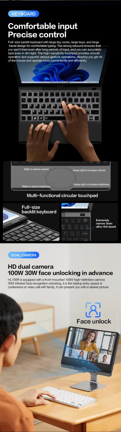 12th Gen Intel Alder Lake N150 Mini Gaming Laptop 10.5inch Touch Screen 16G/32G 512GB 1TB Windows 11 Notebook Tablet PC 2 in 1
