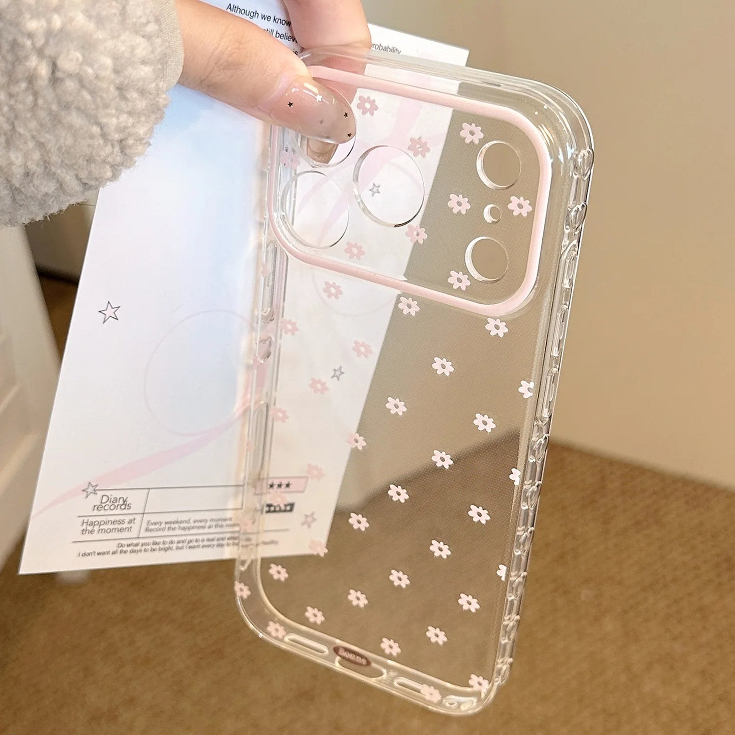 Minimalist Gentle Pink Flowers Transparent Shockproof Protective Phone Cover Case for iPhone 17 16 15 14 13 12 Pro Max