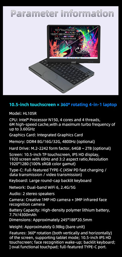 10.5Inch Touch Screen Laptop Intel N95 16GB DDR4 1TB SSD Portable Mini Office Notebook PC Full-function Type-C Port