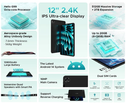 World Premiere DOOGEE T40 Pro Tablet 12" IPS 2.4K 20GB(8+12) 512GB Android 14 Helio G99 6nm 10800mAh 18W Charge 7.6mm ultra-thin