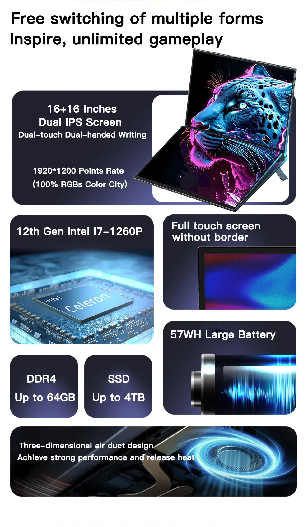 GLF-S1 laptop 16+16 inch Big Dual Screen Intel i5-12450H laptop computers camera Windows 11 DDR4 M.2 2280 2TB WIFI dual notebook