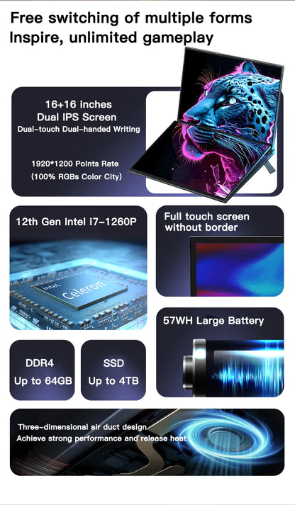 GLF-S1 laptop 16+16 inch Big Dual Screen Intel i5-12450H laptop computers camera Windows 11 DDR4 M.2 2280 2TB WIFI dual notebook