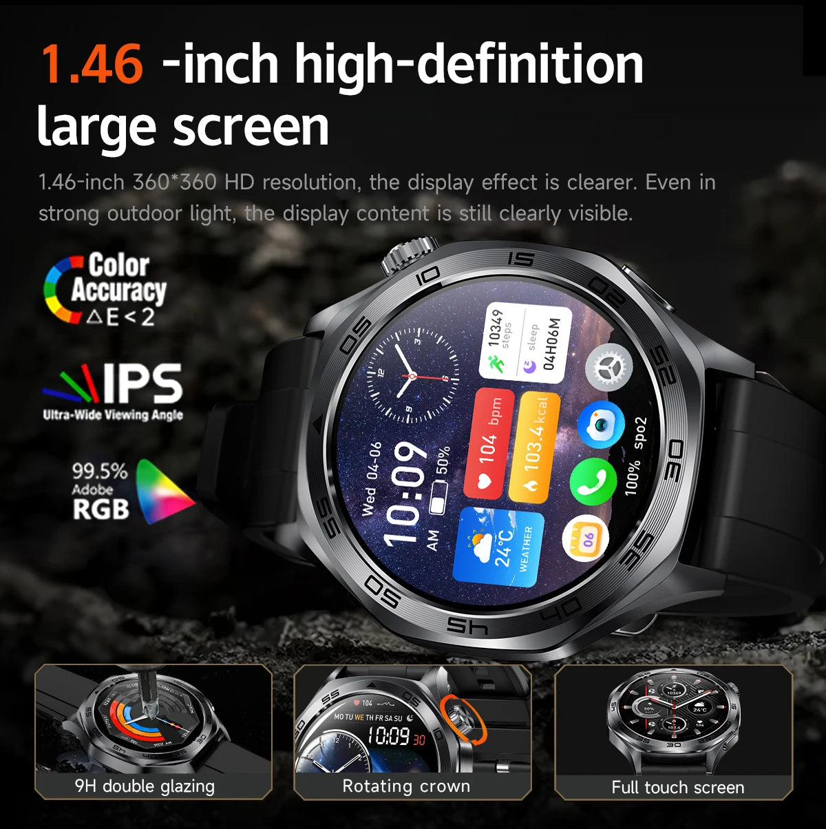 2026 new smartwatch with 1.46-inch IPS display, Ipx8 water resistance rating. 400 mAh battery featuring over 100 activity modes,