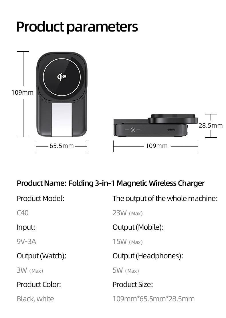 3in1 Magnetic Wireless Charger QI2 Magsafe Folding Wireless Charging Station for iphone 16 pro iWatch AirPods Wireless Charger