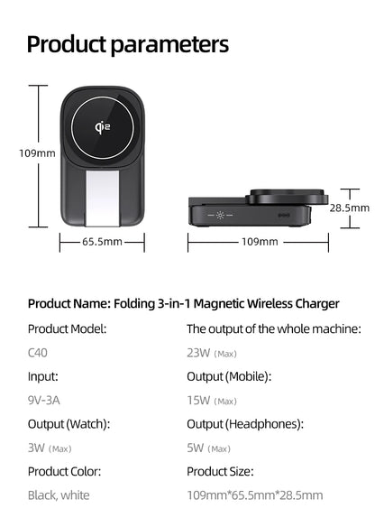 3in1 Magnetic Wireless Charger QI2 Magsafe Folding Wireless Charging Station for iphone 16 pro iWatch AirPods Wireless Charger