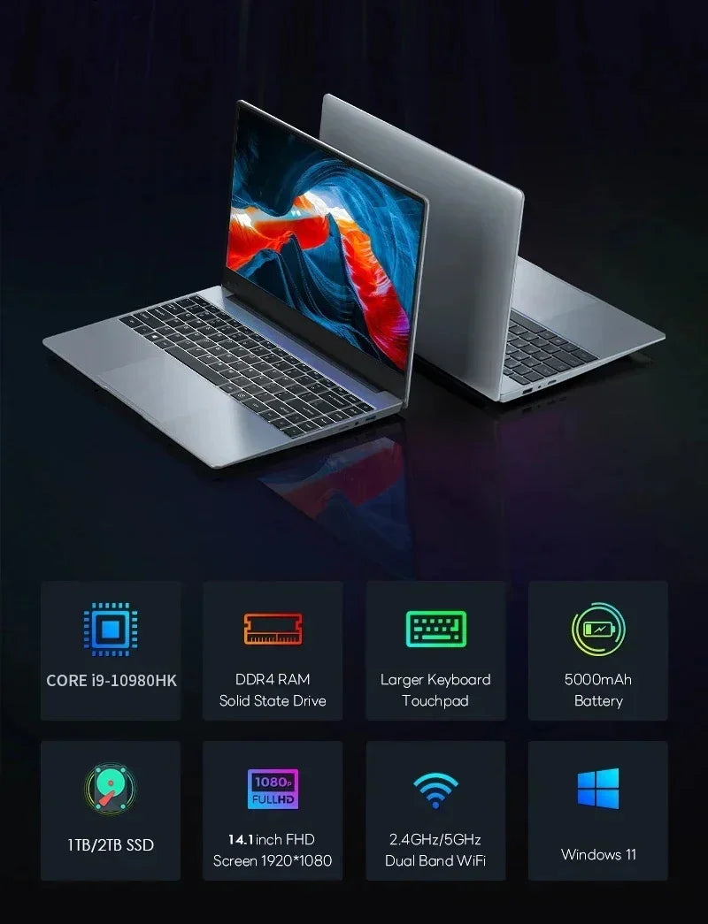 ACEKAMAS 14.1" intel Core i9-10980HK laptop 16GB RAM 1/2TB SSD Portable laptops Windows 11 Pro Office Gaming Notebook computer